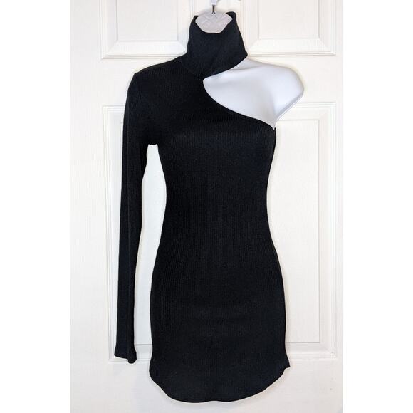 Olivaceous Black Ribbed One Shoulder Turtleneck Bodycon True Romance Dress S - Picture 4 of 16